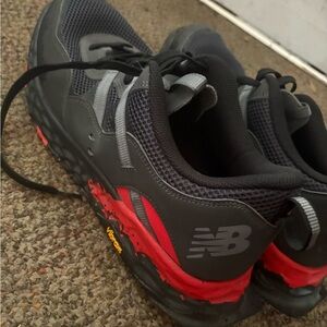 New Balance Gray and Red Athletic Shoes with Mesh Upper